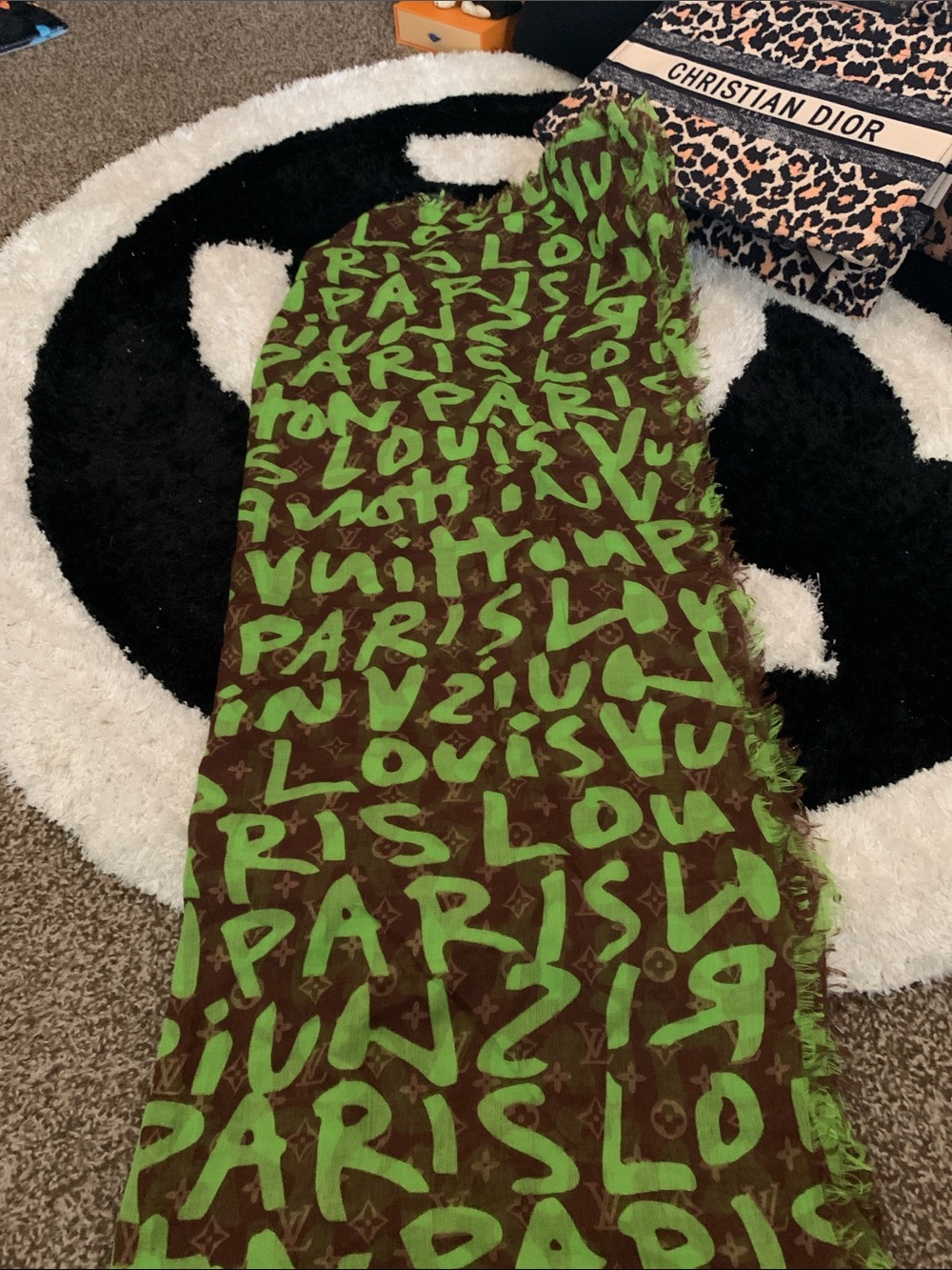 Source Unknown Silk LV Graffiti Shawl with Bright Green Script